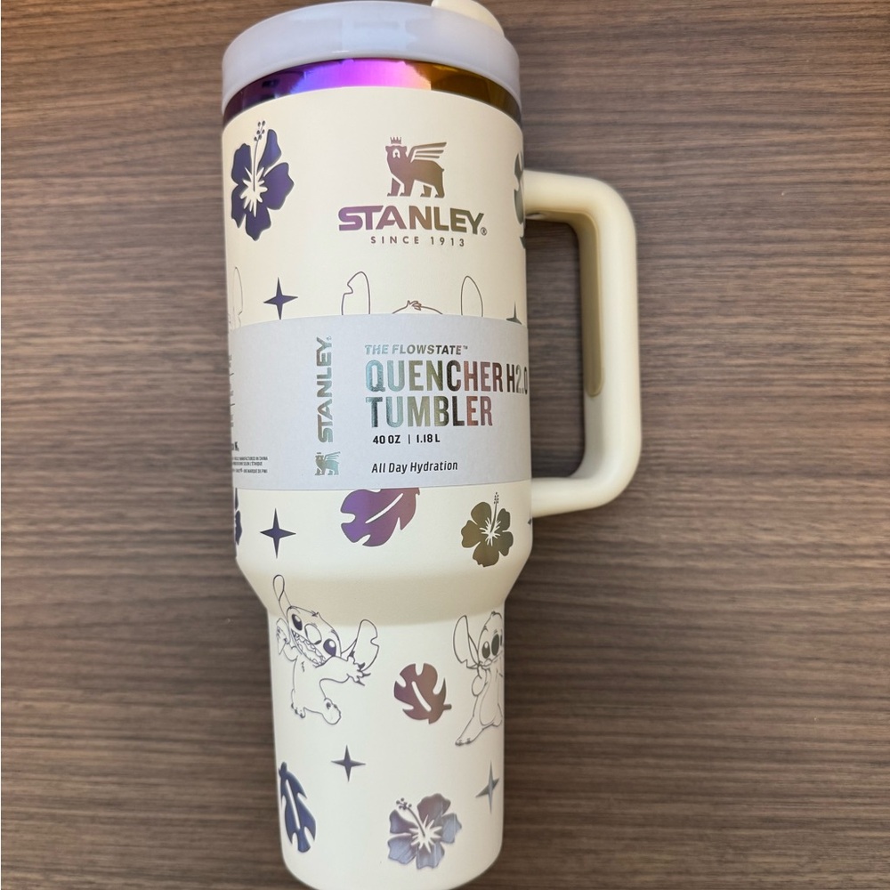 Stanley Cream and rainbow Tumbler with stitch design